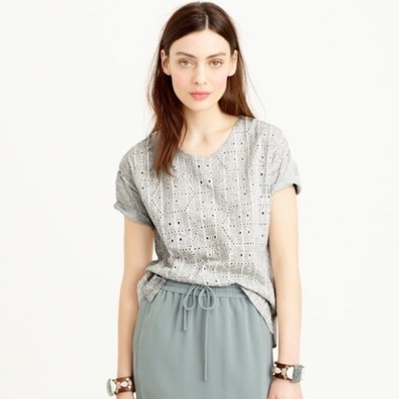 J. Crew Tops - J. Crew Embroidered Eyelet T-Shirt in Grey and White Stripe Women’s Size Medium